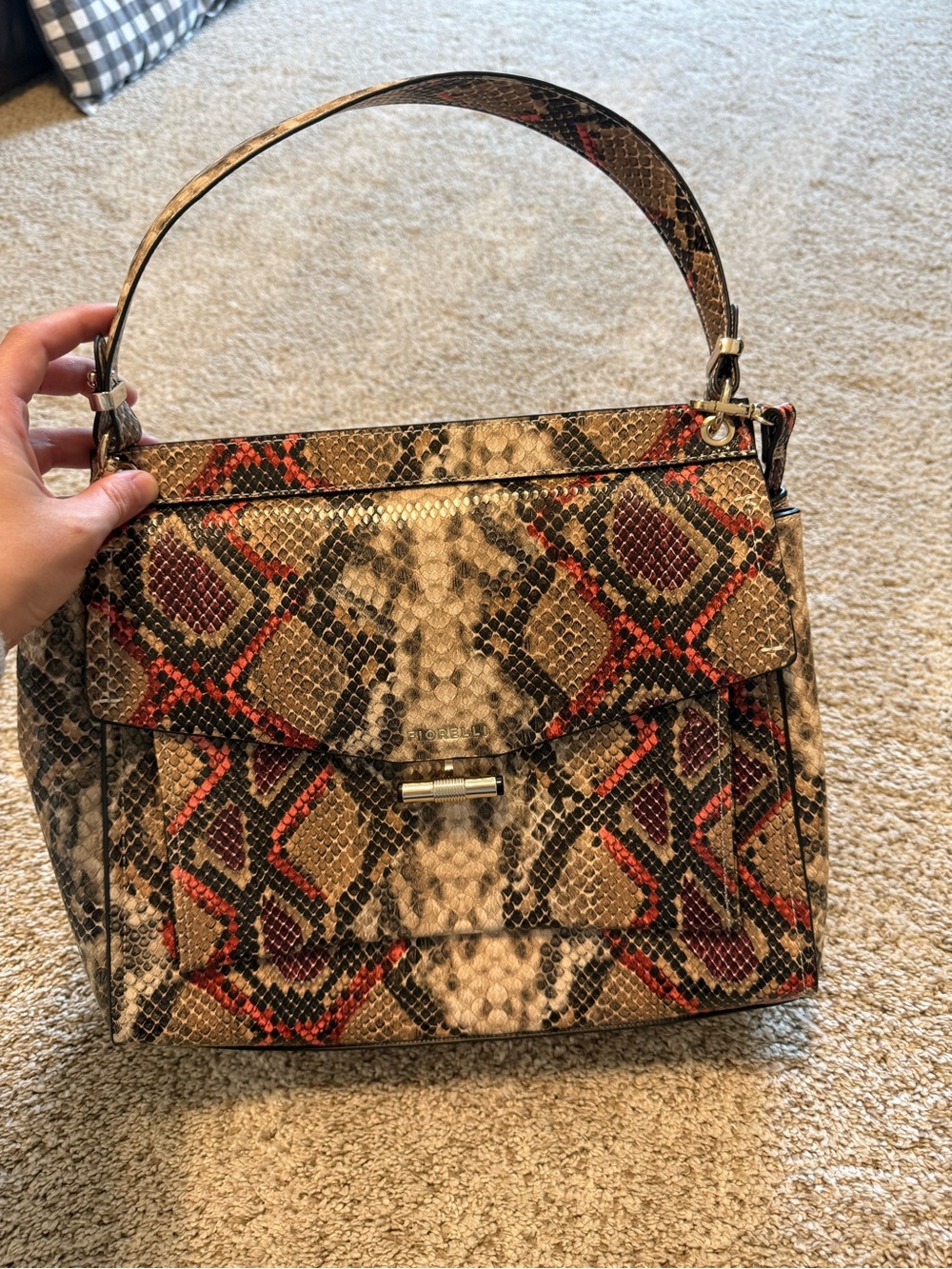 Snake-Print Shoulder Bag in Brown & Red - Designer Style